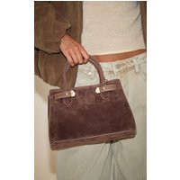 Chocolate Faux Suede Gold Hardware Hand Bag | PrettyLittleThing US