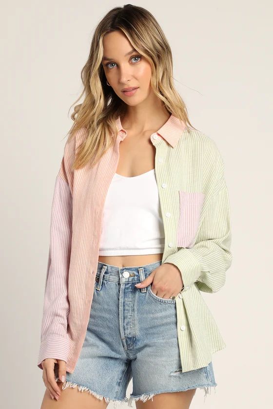 Block To It Pink Multi Colorblock Long Sleeve Button-Up Top | Lulus (US)