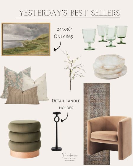 Yesterday’s Best Sellers 
Amber Lewis x Loloi Billie area rug / tufted ottoman with wood base / 4pc drink set / 17” detail candle holder / cream artificial blossom branch / Etsy pillow combo set / Vernon upholstered barrel accent chair / strong landscape wall art / 4pk stone salt agate coasters 

#LTKhome #LTKMostLoved