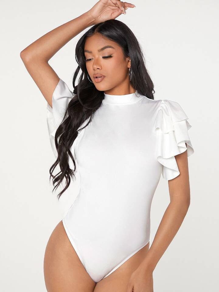 evoluSHEIN Mock Neck Exaggerated Ruffle Trim Bodysuit | SHEIN