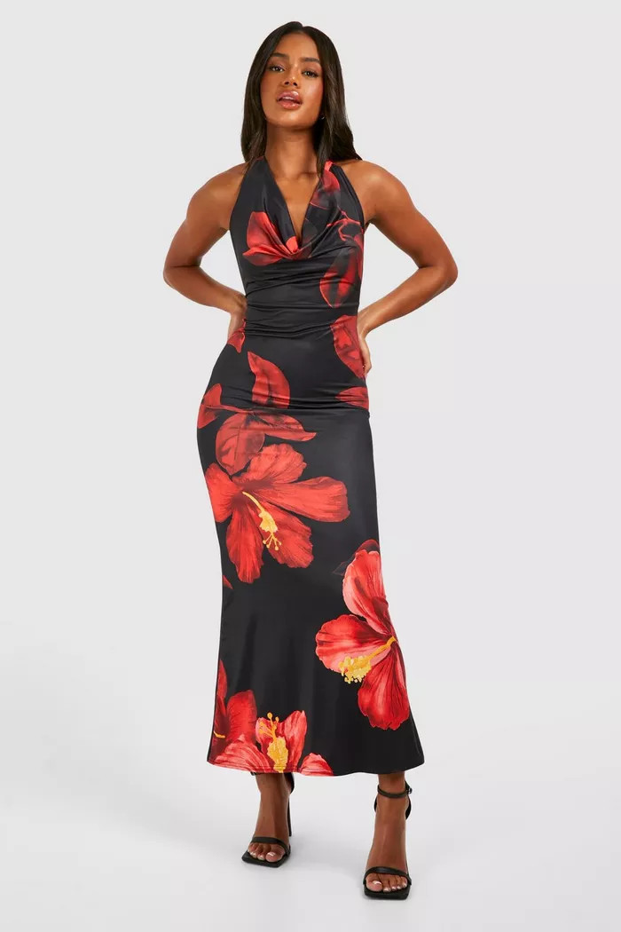 Halter Neck Cowl Printed Slinky Maxi Dress | Boohoo.com (UK & IE)
