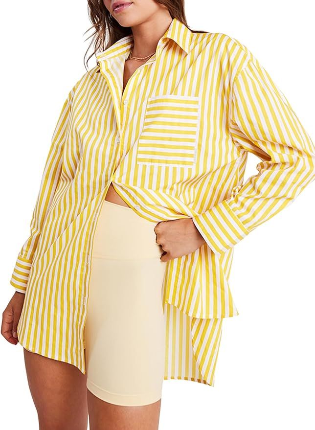 ZAFUL Women's Striped Button Down Shirts Long Sleeve Stylish V Neck Blouses Tops with Pockets | Amazon (US)
