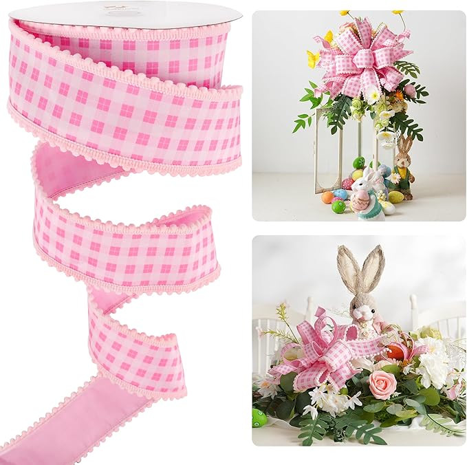 HUIHUANG Pink and White Gingham Easter Ribbon with Snowball Edge 2.5 Inch Wide 10 Yards Wired Dup... | Amazon (US)