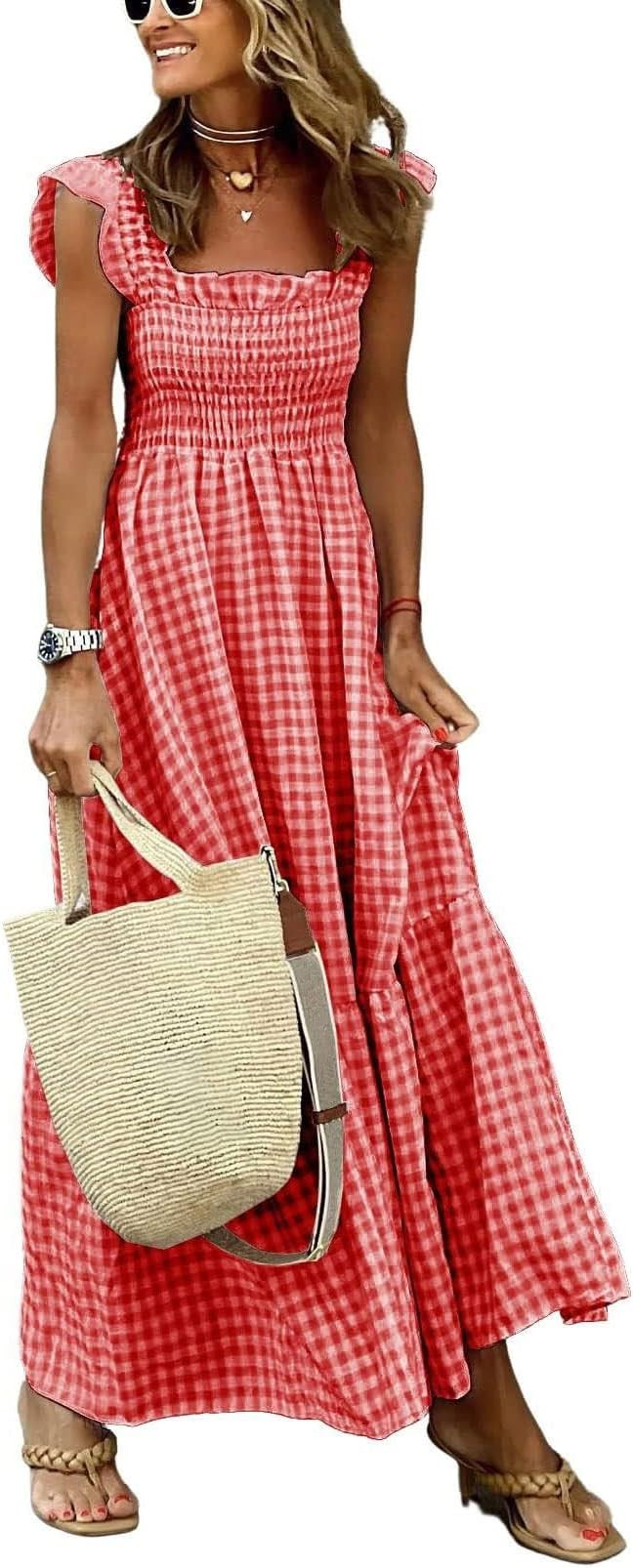 ebossy Women's Fashion Plaid Dress Sleeveless Smocked Ruffle Pleated Boho Party Beach Gingham Max... | Amazon (US)