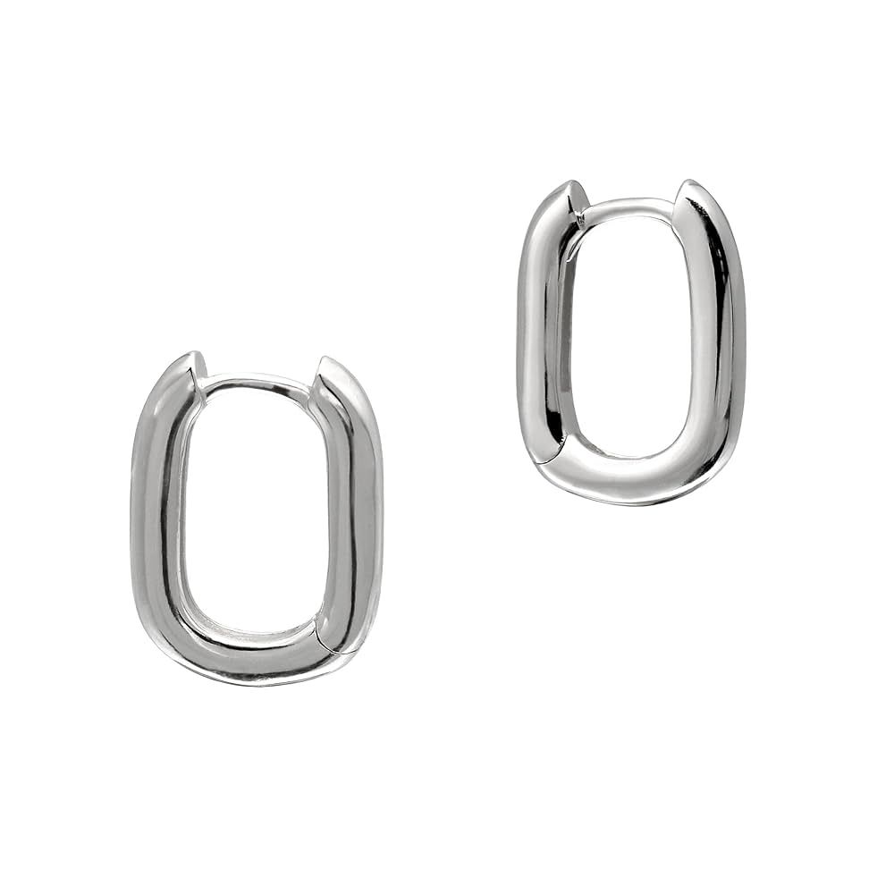 925 Sterling Silver Tiny Huggie Hoop Earrings Rounded Rectangle, White Gold Plated | Amazon (US)