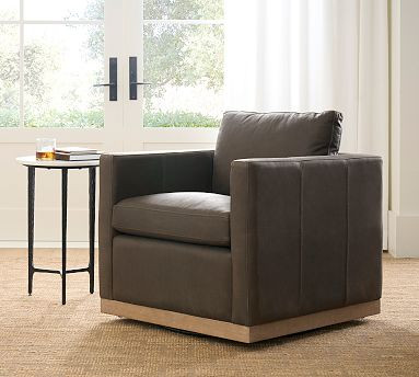 Jake Leather Seadrift Wood Base Swivel Chair | Pottery Barn (US)