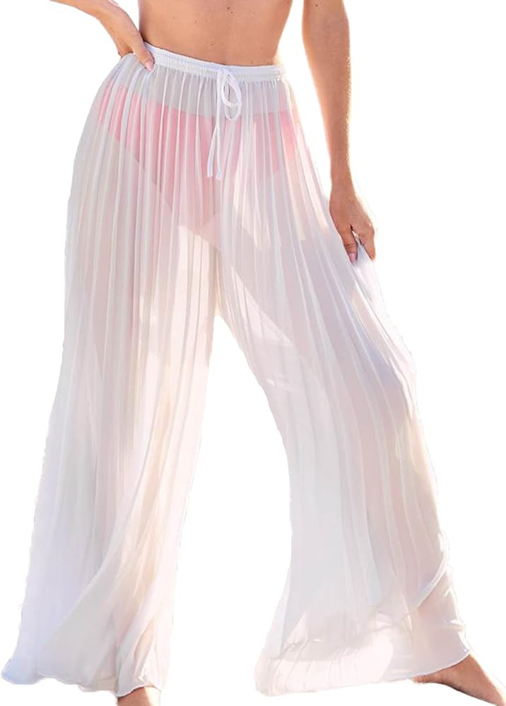 Awoscut Women See Through Sheer Mesh Pants Beach Swimsuit Bikini Bottom Cover up Party Club Elastic  | Amazon (US)