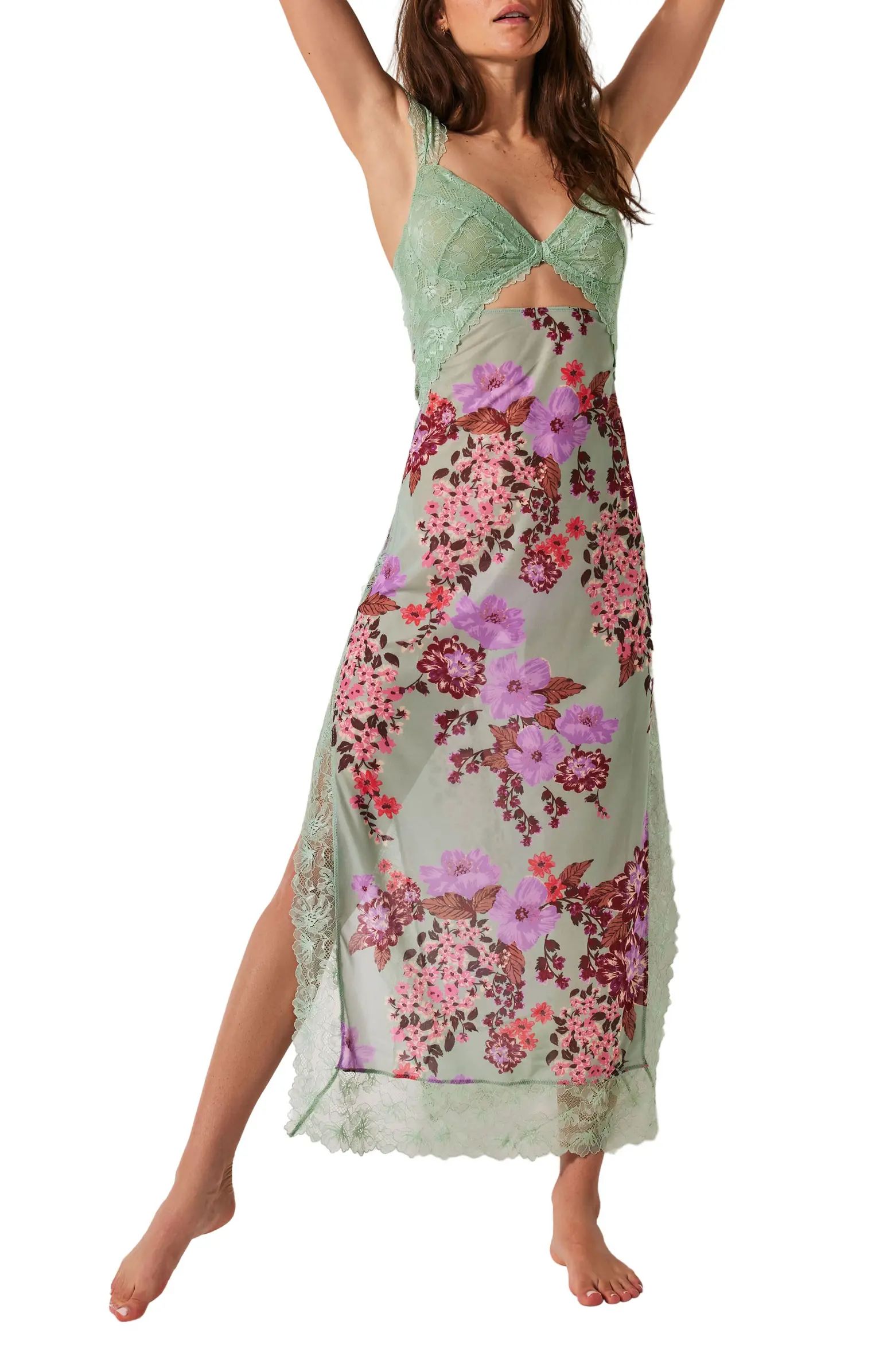 Suddenly Fine Floral Print Cutout Lace Trim Nightgown | Nordstrom