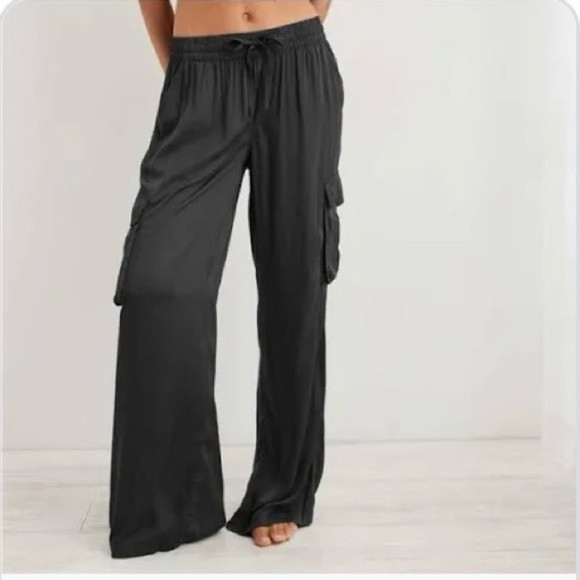 Aerie Satin Cargo Pant Dark Gray Relaxed Wide Leg M | Poshmark