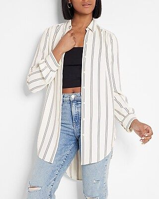 Long Sleeve Pleated Shoulder Striped Tunic Shirt | Express