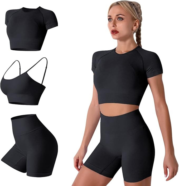 Women Seamless Yoga Outfits 2 Piece Workout Short Sleeve Crop Top with High Waisted Running Short... | Amazon (US)