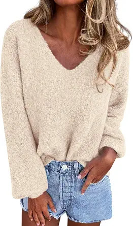 KIRUNDO Womens Oversized V Neck Knit Sweater Cozy Fall Sweaters | Fuzzy Long Sleeve Pullover, Cut... | Amazon (US)