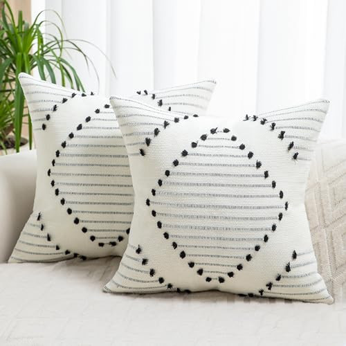 LILEPOY Boho Throw Pillow Covers 20x20 Set of 2 Decorative Pillow Cover Farmhouse Square Pillowcase Modern Soft Textured Pillow Cases Neutral Striped Pillow Covers for Couch Sofa Bed, Black | Amazon (US)