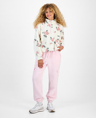 Hiippie Rose Juniors' Floral-Print Half-Zip Sherpa Fleece Top & Sherpa Fleece Cargo Pants | Macy's