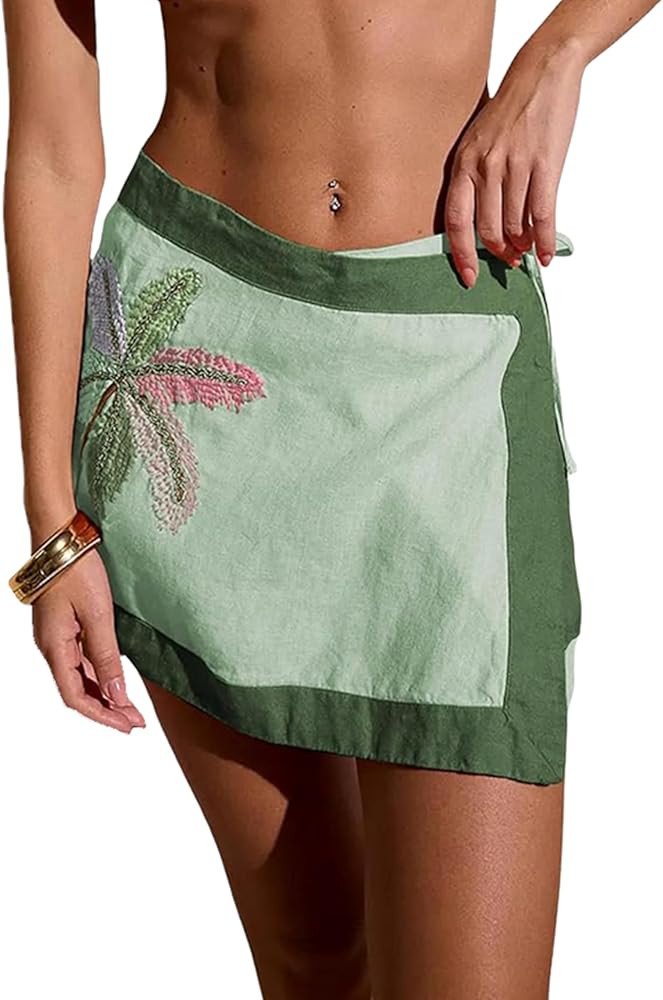Huaqiao Women's Embroidered Wrap Mini Skirt Summer Cotton Linen Tie Side High Waist A Line Beach ... | Amazon (US)