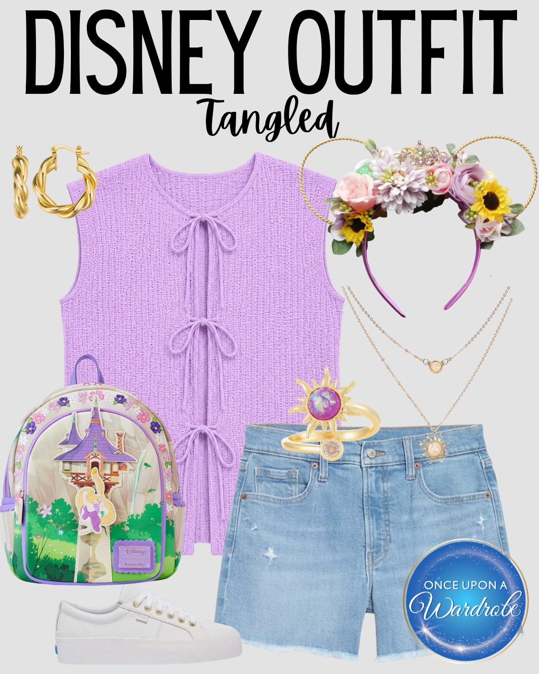 A cute Tangled Disney outfit for women with a lavender tie-front top, denim shorts, floral Rapunzel ears, white sneakers, gold sun jewelry, and a Rapunzel Loungefly backpack. This comfortable Disney princess outfit is perfect for Magic Kingdom, a Tangled Disneybound, character dining, or an everyday Disney outfit. Shop the full look and each individual piece below! 

 #LTKootd #LTKTravel