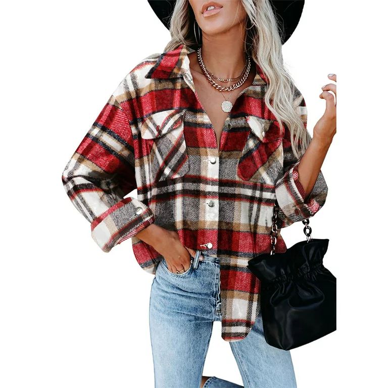 KZKR Plaid Flannel Shirt for Women's Long Sleeve Shacket Button Down Blouse Tops Oversized Coat w... | Walmart (US)