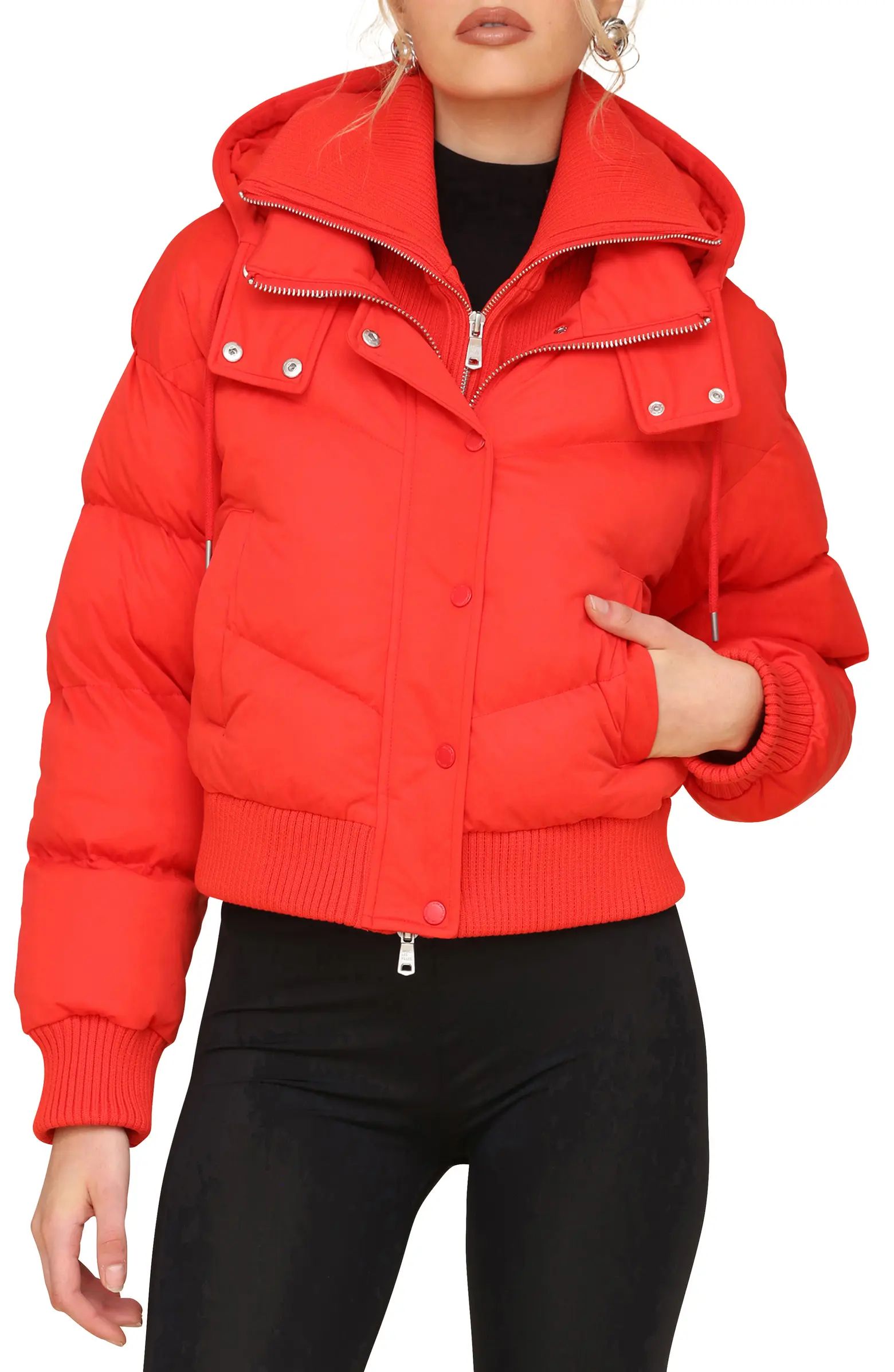 Avec Les Filles Water Resistant Crop Bomber Puffer Jacket with Attached Zip Bib | Nordstrom | Nordstrom