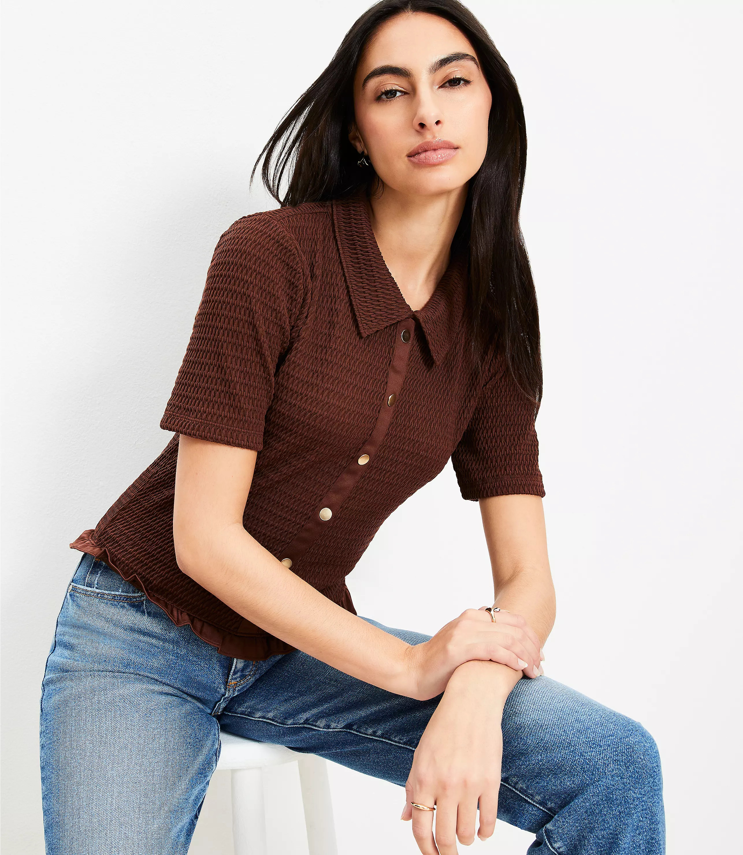 Smocked Ruffle Hem Shirt | LOFT