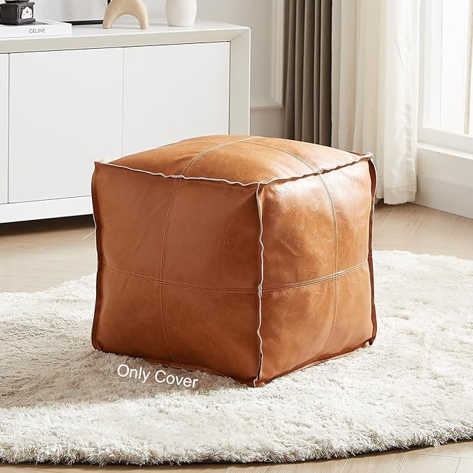 Pouf Ottoman, Unstuffed Pouf Cover, Handmade Faux PU Leather Moroccan, Orange Brown 17.7" Square,... | Amazon (US)
