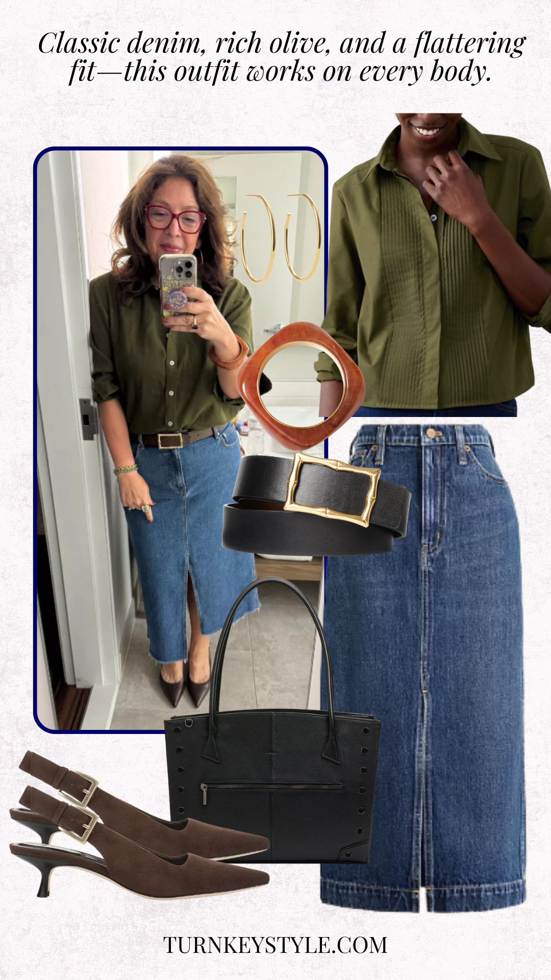 Denim midi + olive button-down = effortless fall style that works on every body. I wear this combo on repeat—it’s polished, comfortable, and midlife-approved. Every piece is linked in my LTK. 

 #LTKFallSale #LTKStyleTip #LTKWorkwear