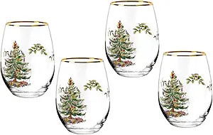 Spode Christmas Tree 19oz Stemless Wine Glasses, Set of 4 - Vintage-Inspired Holiday Drinkware wi... | Amazon (US)
