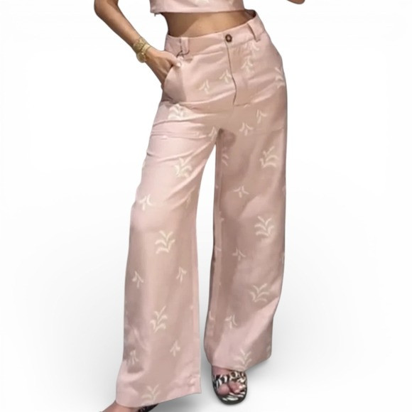 NEW Zara Pants Womens Small Pink Linen‎ Blend Embroidered Wide Leg 27" Inseam | Poshmark