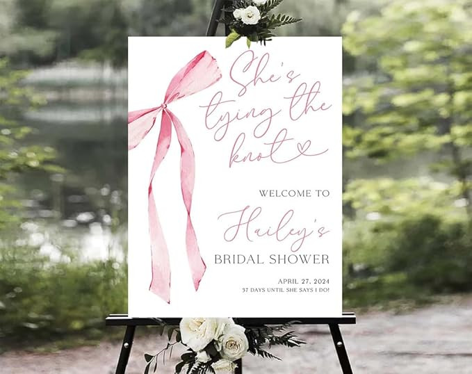 Pink Ribbon Bridal Shower Welcome Sign, She's Tying the Knot Bridal Shower Sign Printed, Pink Bow... | Amazon (US)