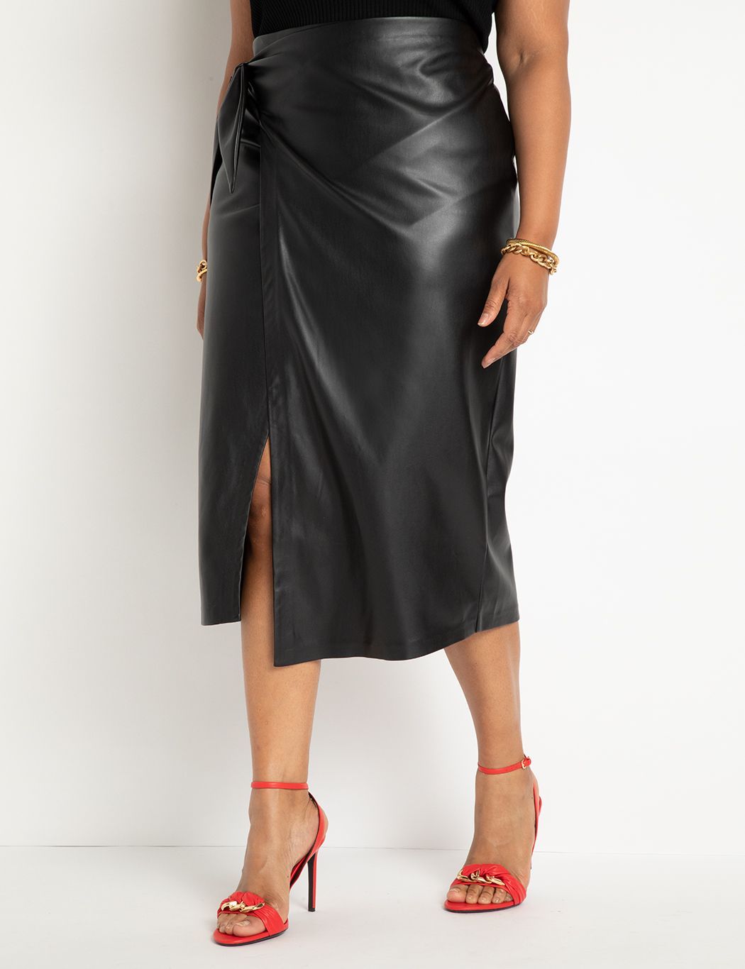 Wrap Front Faux Leather Midi Skirt | Eloquii