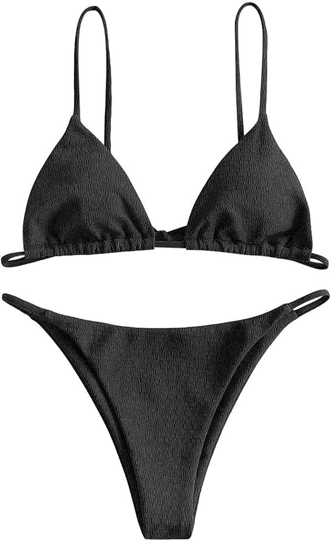 ZAFUL Womens Textured Tie String Bikini Swimwear Triangle Smocked Swimsuits Two Piece Set | Amazon (CA)