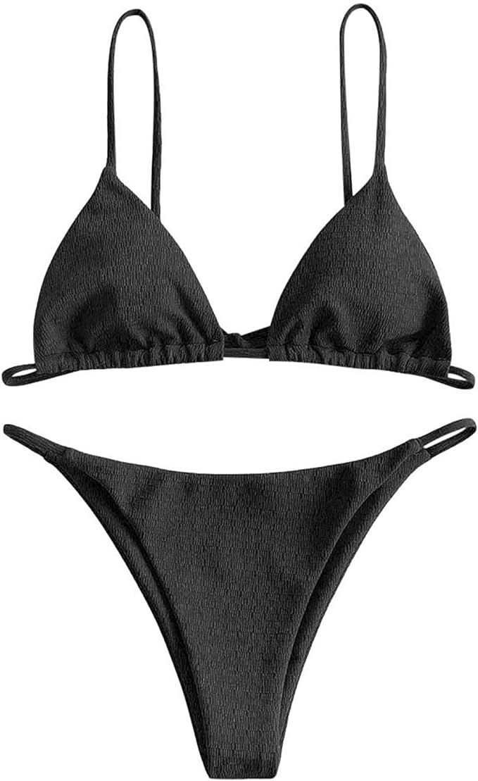 ZAFUL Women's Sexy Triangle Bikini Set Cami String Swimwear Texture High Cut Thong Swimsuit Cheek... | Amazon (US)