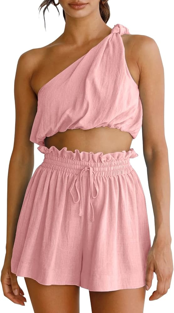 Imily Bela Womens 2 Piece Outfits Linen Matching Sets Two Piece Crop Tops and Paper Bag Waist Sho... | Amazon (US)