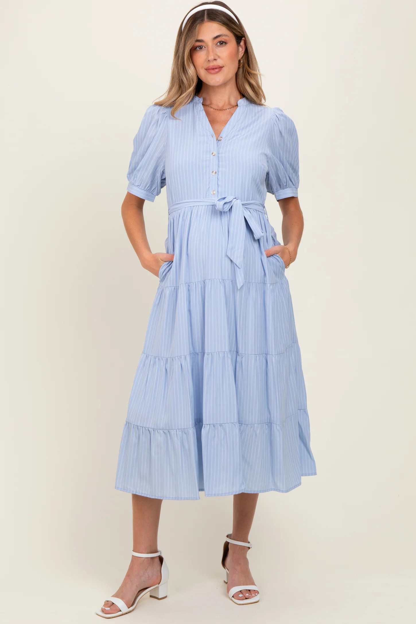 Light Blue Striped Button Up Tiered Maternity Maxi Dress | PinkBlush Maternity