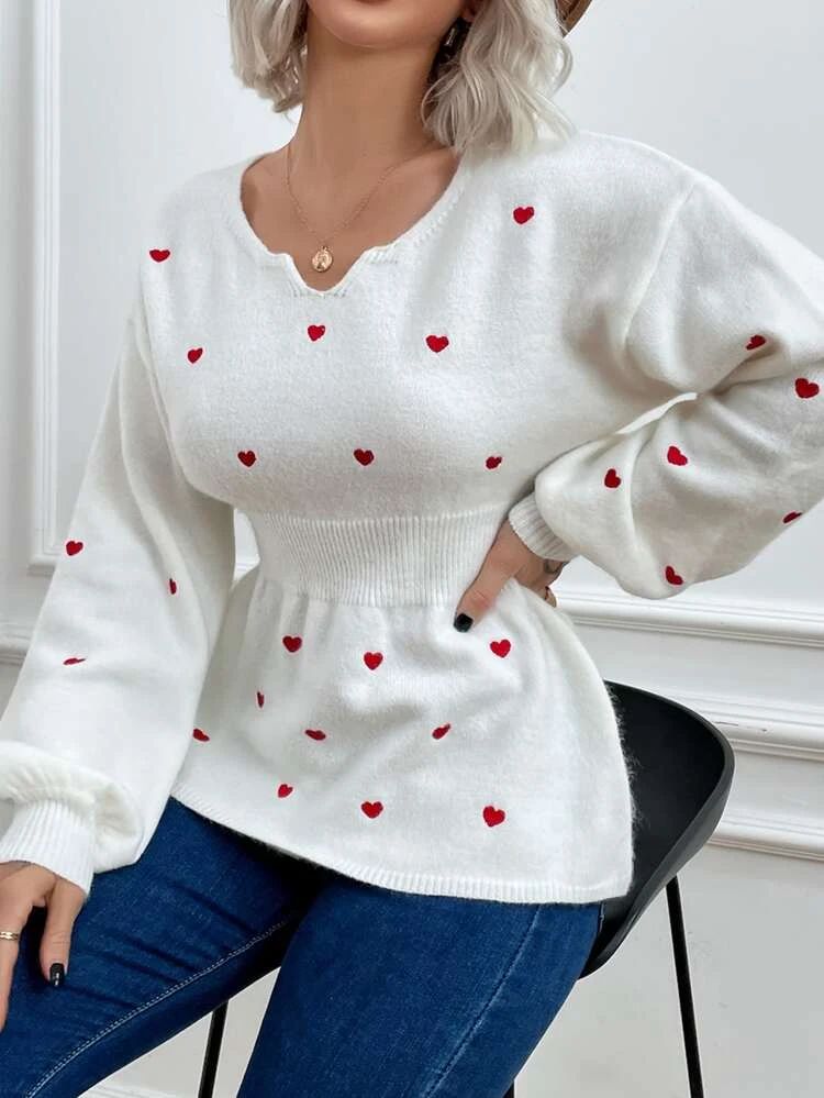 Heart Embroidery Notched Neck Lantern Sleeve Sweater | SHEIN