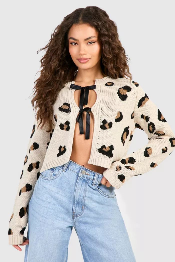 Leopard Print Knitted Bow Detail Cardigan | Boohoo.com (UK & IE)