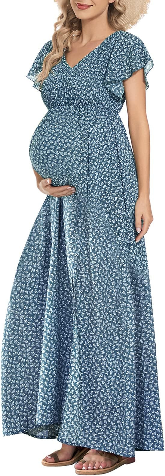 guruixu V Neck Floral Maternity Dress for Photoshoot Baby Shower, Flutter Sleeve Fall Boho Causal... | Amazon (US)