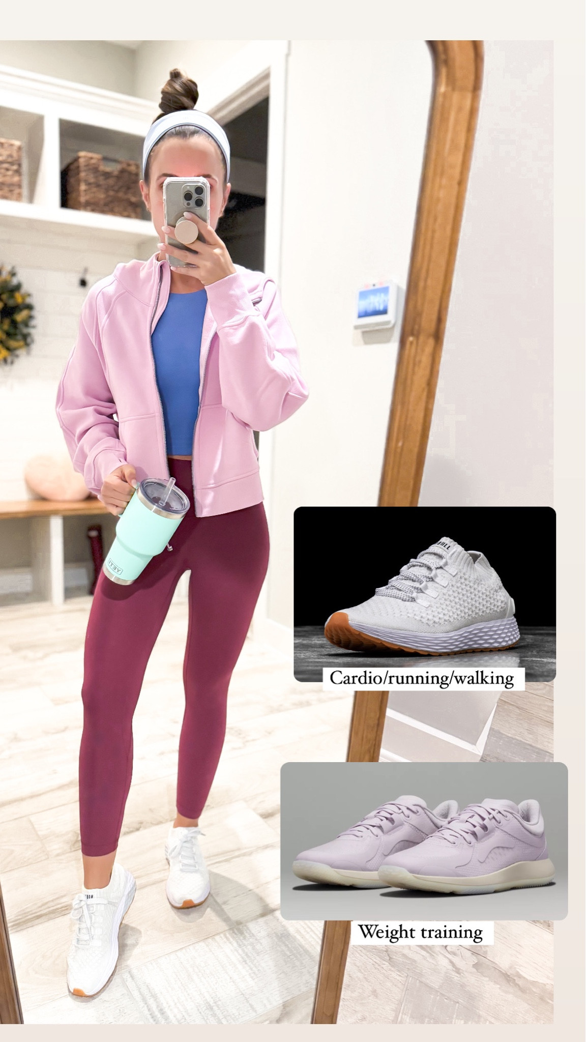 Lululemon scuba full zip in XS. Lululemon align high neck tank top in sz 2, older color. Lululemon align 23” in sz 0, older color. Nobull knit runners for cardio/running are TTS. Lululemon strongfeel shoes for weightlifting days. TTS for me. Workout outfit. 

#LTKshoecrush #LTKfindsunder100 #LTKfitness