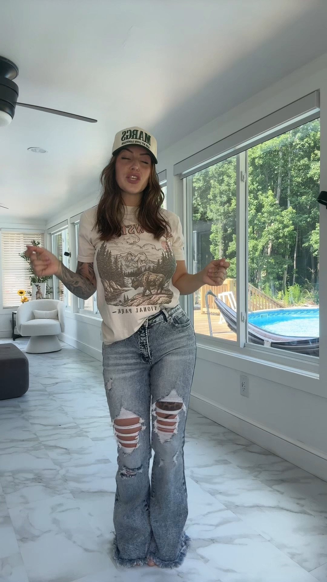My OOTD! Tummy control flared distressed pants matched with Yellowstone, graphic tee, and Margs are my love language hat  

#LTKStyleTip