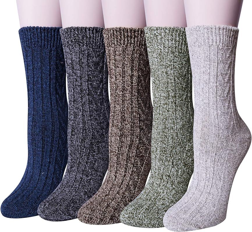 Pack of 5 Womens Winter Socks Warm Thick Knit Wool Soft Vintage Casual Crew Socks Gifts | Amazon (US)
