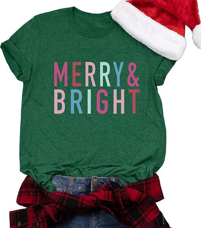 MOUSYA Merry and Bright Shirt Women Merry Christmas Tee Letter Print Short Sleeve Holiday Tops Te... | Amazon (US)