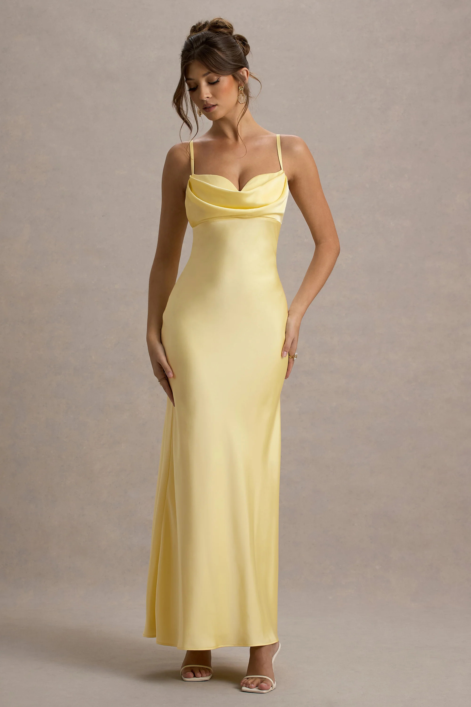 Eimear | Lemon Satin Draped Sweetheart Maxi Dress | Club L London