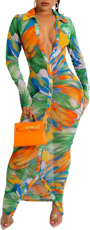 Women's Sheer Mesh Long Sleeve Bodycon Midi Dress Club Night Out Dresses Beach Cover Up Dress | Amazon (US)