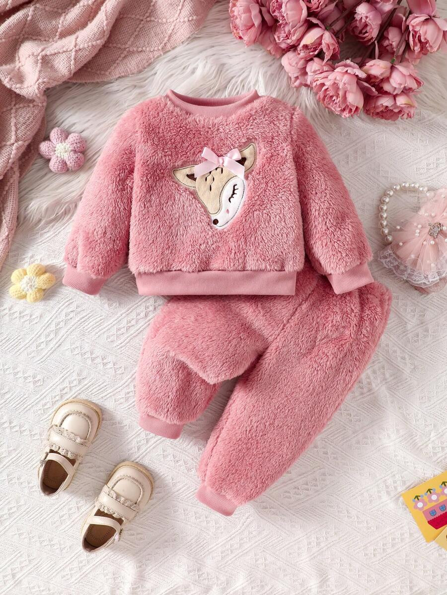 Baby Girl Casual Animal Embroidered Fleece Sweatshirt And Sweatpants Set, Fall/Winter | SHEIN