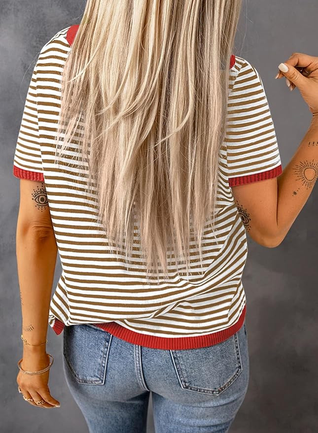 Dokotoo Womens Sweaters Casual Crewneck Short Sleeve Striped Color Block Knitted High Low Trendy ... | Amazon (US)