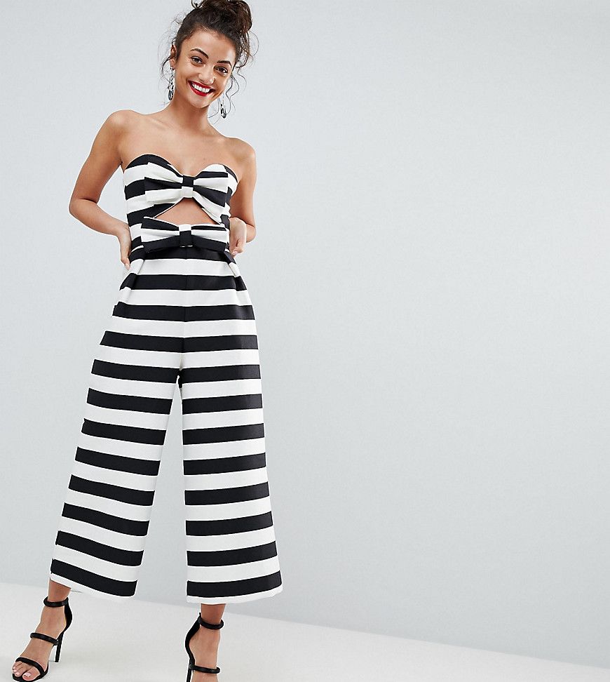 ASOS TALL Bow Jumpsuit in Structured Fabric in Stripe - Black | ASOS US