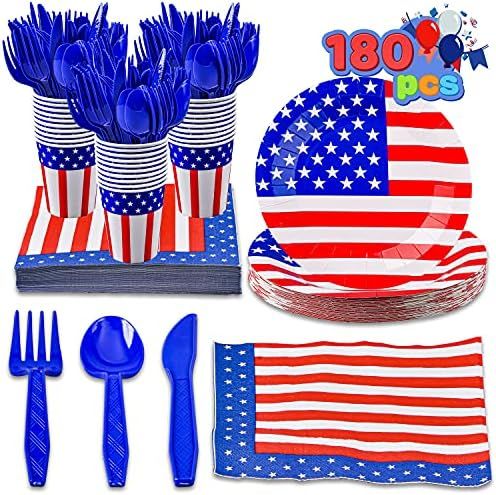 JOYIN 180 Pcs Patriotic Party Supplies Dinnerware Set of 30 Plates,30 Napkins,30 Paper Cups and 9... | Amazon (US)