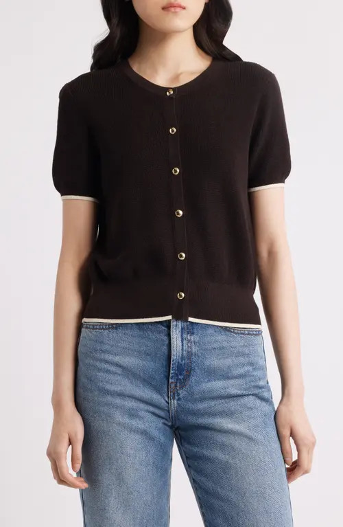 rag & bone Dina Tipped Short Sleeve Cotton Blend Cardigan in Chocolate Brown at Nordstrom, Size Small | Nordstrom