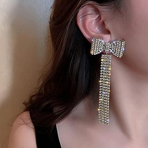 Amazon.com: Wiwpar Long Fashion Bow Tassel Earrings Full Diamond Earrings Rhinestone Long Tassels... | Amazon (US)