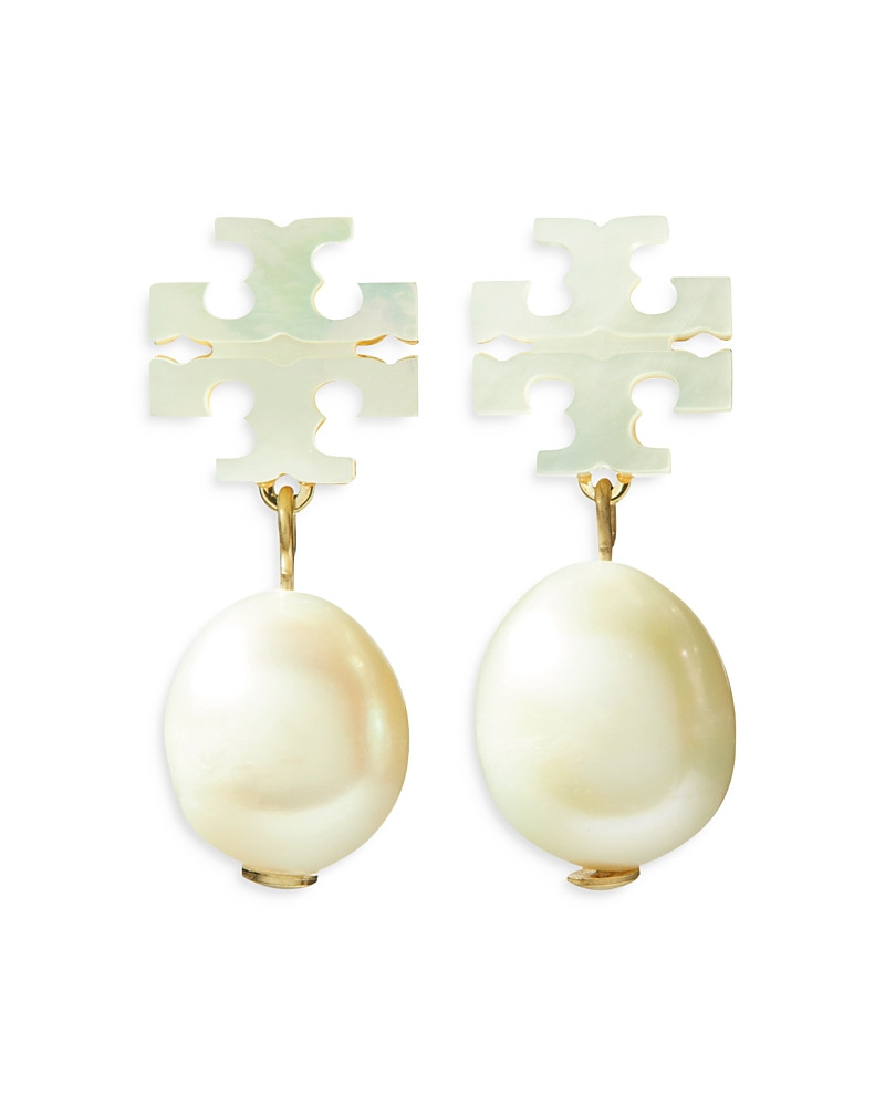 Tory Burch Kira Mother Of Pearl Double T & Cultured Freshwater Pearl Earrings in Gold Tone | Bloomingdale's (US)