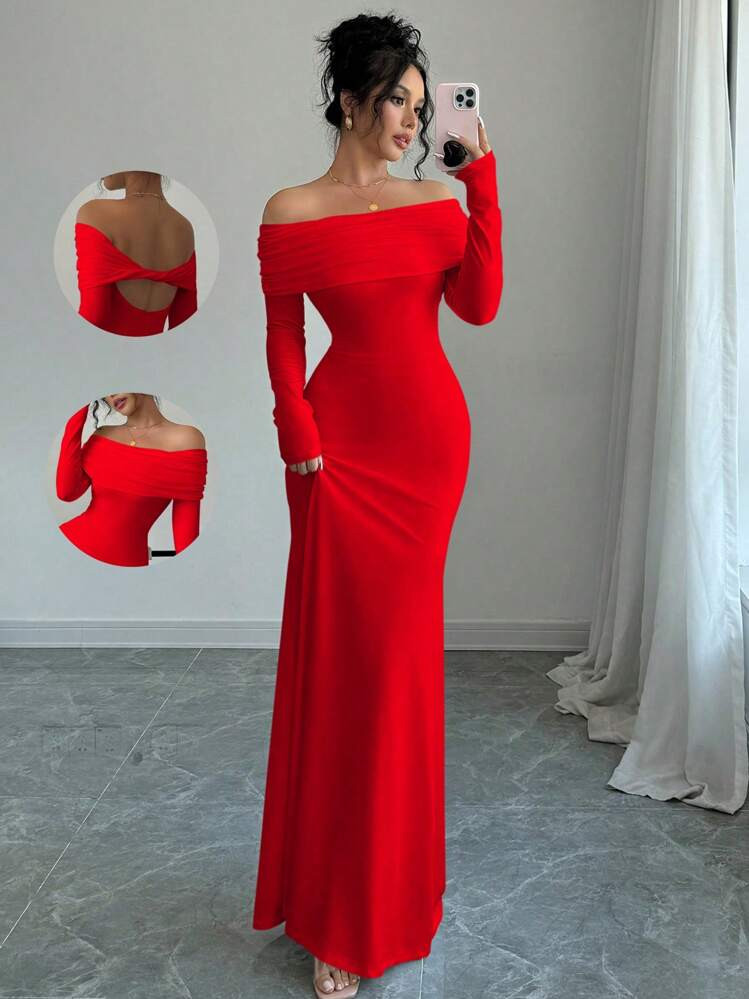 Selianne Elegant Tight Fit Long Sleeve Cinched Waist Double Layer Off-Shoulder Open Back Twist Mermaid Hem Stretch Knit Dress, For Women, Autumn/Winter For New Year Clothes Maxi Women Outfit | SHEIN